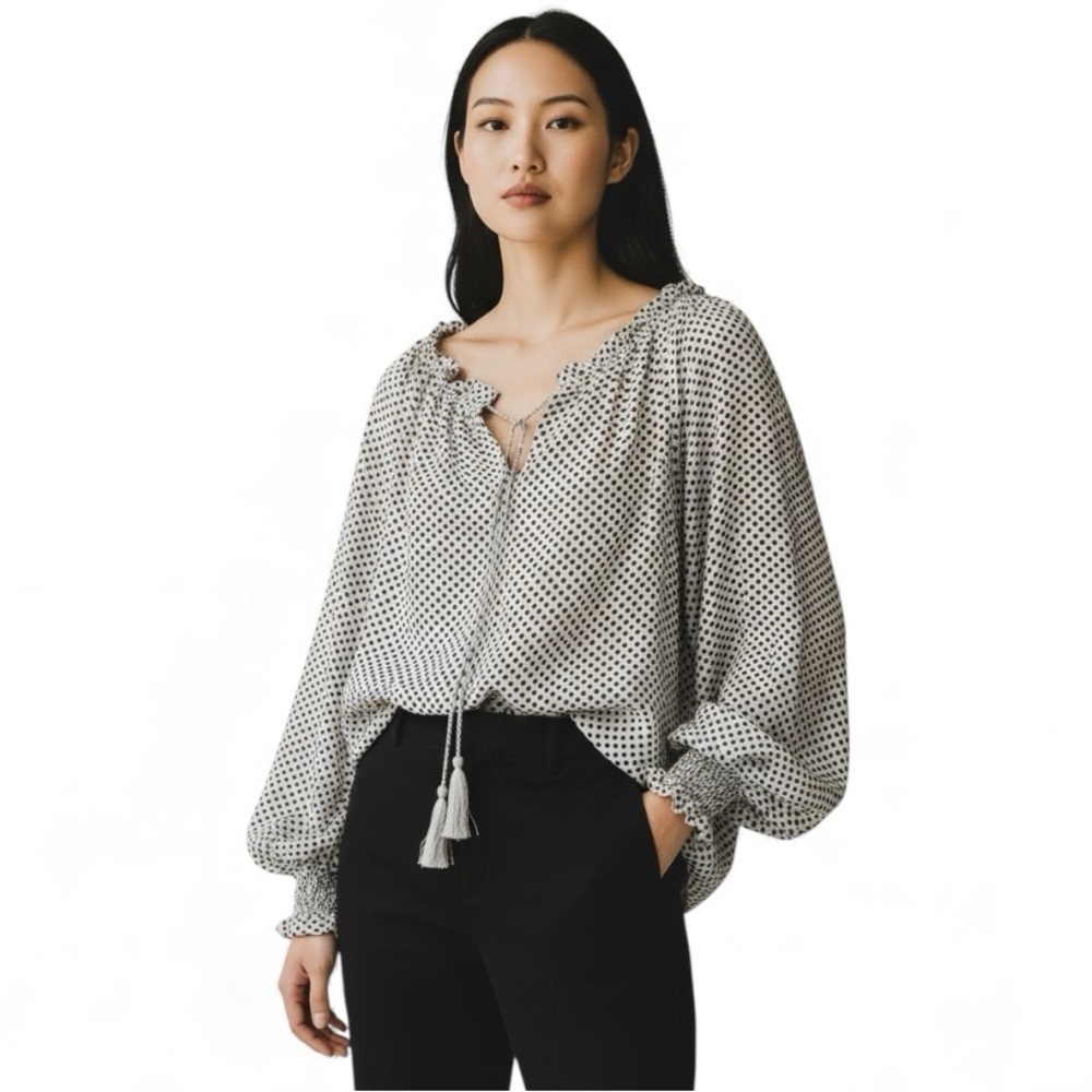 Max Studio Flowy Peasant Blouse - Black and White Polka Dot - Women’s XL